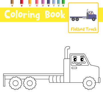 Coloring page Flatbed Truck cartoon character side view vector illustration