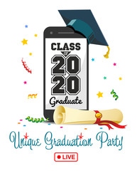 2020 graduation ceremony remotely online. Broadcast the party through social networks to prevent coronavirus infection. Quarantine measures, technology, illustration, vector
