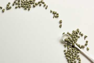 Tea ginseng oolong dispersed on a white plate with a white ceramic spoon. Copyspace.