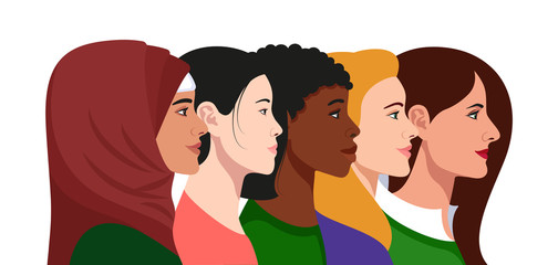 European, African American, Muslim and Asian women together concept set. International women union. Interracial feminine group. Profile portrait avatar. Vector Illustration.