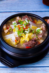 Beef and Cabbage Stew in Korean stone pot close up