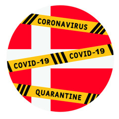 Denmark quarantine and extraordinary emergency measures under pandemic virus. stop coronavirus covid-19 yellow border tape on Denmark flag background. vector illustration