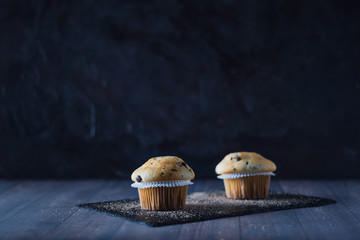 Two chocolate chip muffins on a slate and wooden plate with a dark background. Copy-space. Sweet...