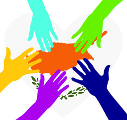 Care and charity concept - hands on the Cyprus Flag Heart. Patriotic concept. People raising their hands to become volunteers.