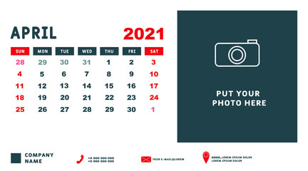 Calendar for April 2021. Week starts on Sunday. Calendar template design with Place for Photo and Company Logo. Vector illustration.
