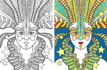 Beautiful mysterious stranger in mask with long hair and stars. Page in coloring book. Vector illustration.