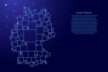 Germany map from blue pattern from a grid of squares of different sizes and glowing space stars. Vector illustration.
