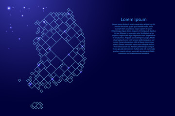South Korea map from blue pattern from a grid of squares of different sizes and glowing space stars. Vector illustration.