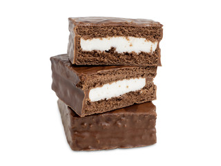 Chocolate souffle with white cream filling on a white background