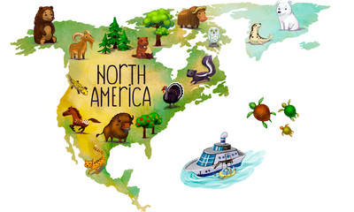 children map of north america with animals isolated on white