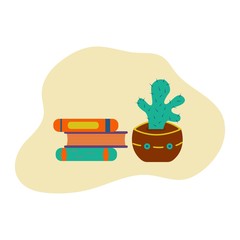 Three books lie on top of each other. A green cactus in a pot is standing nearby. Stack. World Book Day. Bright colorful illustration. Reading, studying, science vector