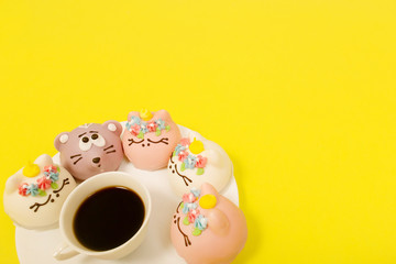 cake and coffee on a yellow background, layout