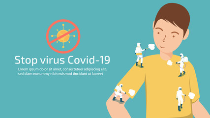 People in white protective clothing are spraying to Kill virus that man . Illustration about protection covid-19 with cleaning item.