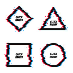Vector glitch frames set. Geometric shapes with Tv distortion effect. Circle, triangle, rhombus and square with vhs glitch effect. Applicable for banner design,invitation, party flyer etc.