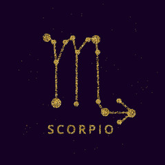 Obraz na płótnie Canvas Scorpio zodiac horoscope sign, astrology simbol in golden shiny glittered style on black sky background.