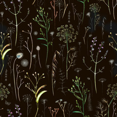 Watercolor seamless floral pattern with forest herbs, flowers, cornflowers, ears, butterflies on a dark background. For textiles, design and more.
