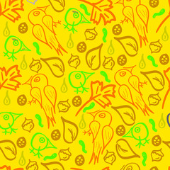 fabulous forest inhabitants, spring leaves set, seamless patterns