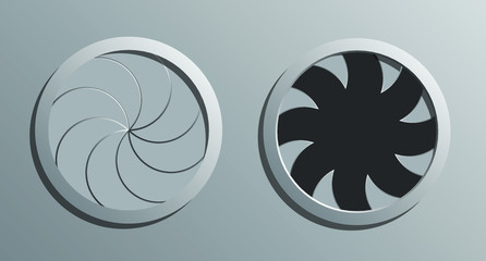 A vector illustration of a futuristic round mechanical portal with a sphincter type mechanism open and shut