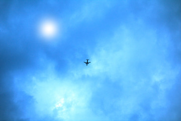 airplane in the sky,fly, clouds,flying, blue,aircraft,travel, transportation,air, sun,jet,