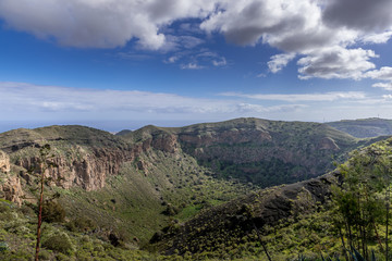 View of the mountainous landscape of volcanic origin along with lots of trees and vegetation and on the horizon, you can see the setting moon Gran Canary island