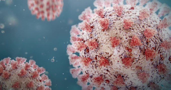 Microscopic view of Coronavirus COVID-19 (2019-nCoV) Visualization equal to Influenza, Flu or SARS. High quality realistic medical 3d rendering illustration animation for background in 4K and HD.