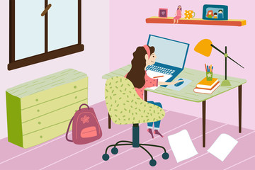 A vector illustration of a kid studying and doing his homework in his bedroom at home