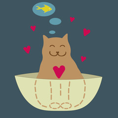 Funny cat dreams of a fish with hearts. T shirt print, postcard, banner design elenent.