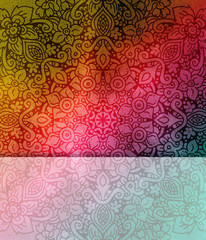 Mandala wallpaper, tracery round boho style. Ethnic ornament background. Folk, meditation design. Colored curved shape.
