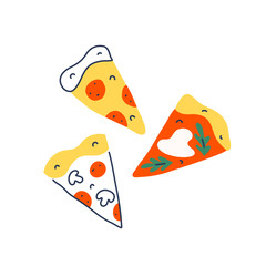 Pizza slices, doodle illustration, slices of various kinds of pizza, margherita and pepperoni, tasty italian food, fast food drawing, isolated vector art