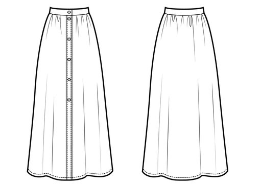 Maxi Skirt With Buttons Sketch. Buttons On Front.