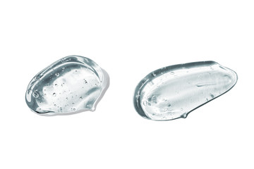 Set of smears from cosmetic gel with hyaluronic acid. Serum for face in the form of a transparent gel with bubbles on a white isolated background