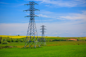high-voltage power lines in the field, metal pylons, blooming rapeseed in the distance, light cloudiness