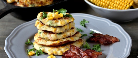 corn fritters  and Bacon. pancakes with corn. dish with corn.