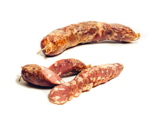 sliced jerky and sausage on a white background