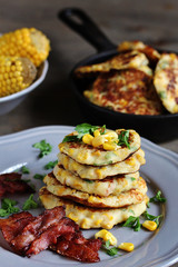 corn fritters  and Bacon. pancakes with corn. dish with corn.