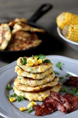 corn fritters  and Bacon. pancakes with corn. dish with corn.
