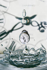 Drop of time. Play with water and clocks. Closeup drops of water.