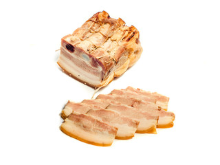 sliced jerky and sausage on a white background