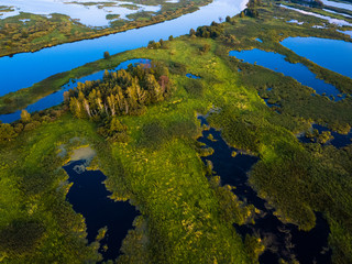 Aerial view of the river and wetland. Kama river in Russia