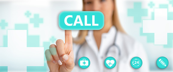 Health care and medical technology services concept. Doctor pointing at call sign. 