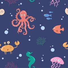 Fototapeta na wymiar Vector seamless pattern of underwater animals on the dark blue background. Octopus, crab, jellyfish, seahorse, corals, shell, fish.
