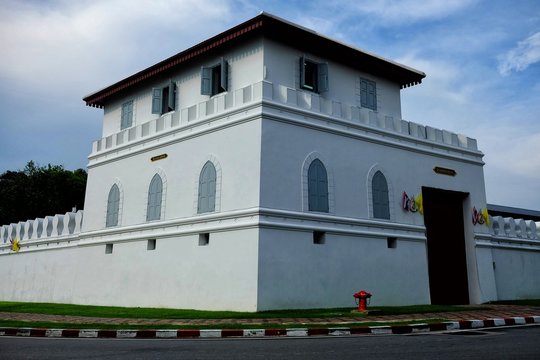 Ancient Fort of Phupha Sutha where is a Landmark of Bangkok, Thailand. (Translation Text on Sign are "Fort Name in Thai")