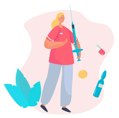 Fototapeta premium Doctor is Holding Syringe.Female Nurse in Medical Pink Gown is Holding injection in the hospital. Medical Aid.Social Worker Care.Pink background with Plants, Capsules and Pills.Vector Illustration