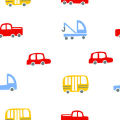 Seamless pattern with different cute cars. White background. Perfect for kids fabric, textile, nursery wallpaper. Vector illustration. Flat style.