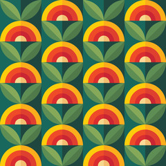 Fruits and leaves nature background. Mid-century modern art vector. Abstract geometric seamless pattern. Decorative ornament in retro vintage design flat style. Floral backdrop.