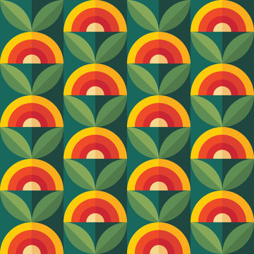 Fruits and leaves nature background. Mid-century modern art vector. Abstract geometric seamless pattern. Decorative ornament in retro vintage design flat style. Floral backdrop.