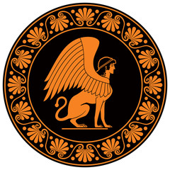 Sphinx in the round frame vase paint red figure ceramic style vector illustration, Ancient Greek mythology Demon of Esoteric Wisdom with the body of a lion, the head of a woman and the eagles wings 