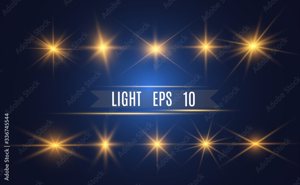 Poster set of gold bright beautiful stars. light effect bright star. beautiful light for illustration. chri