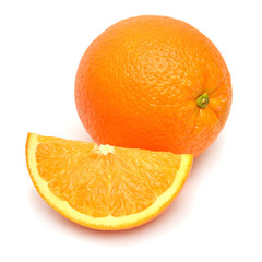Orange fruit whole and slice isolated on white background. Perfectly retouched, full depth of field on the photo. Creative healthy food concept. Nature, juice. Flat lay, top view