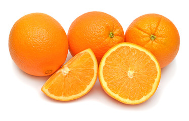 Orange fruit whole and slice isolated on white background. Perfectly retouched, full depth of field on the photo. Creative healthy food concept. Nature, juice. Flat lay, top view